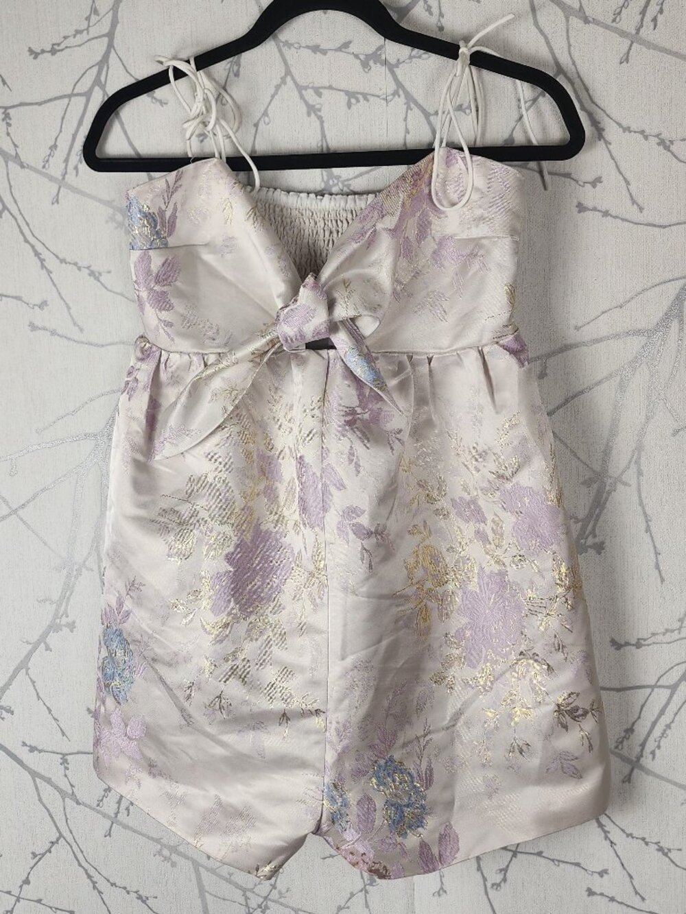 ASOS Pastel Floral Brocade Tie Front Smocked Strappy Romper